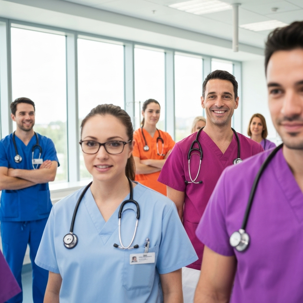 Healthcare team wearing Madaden scrubs