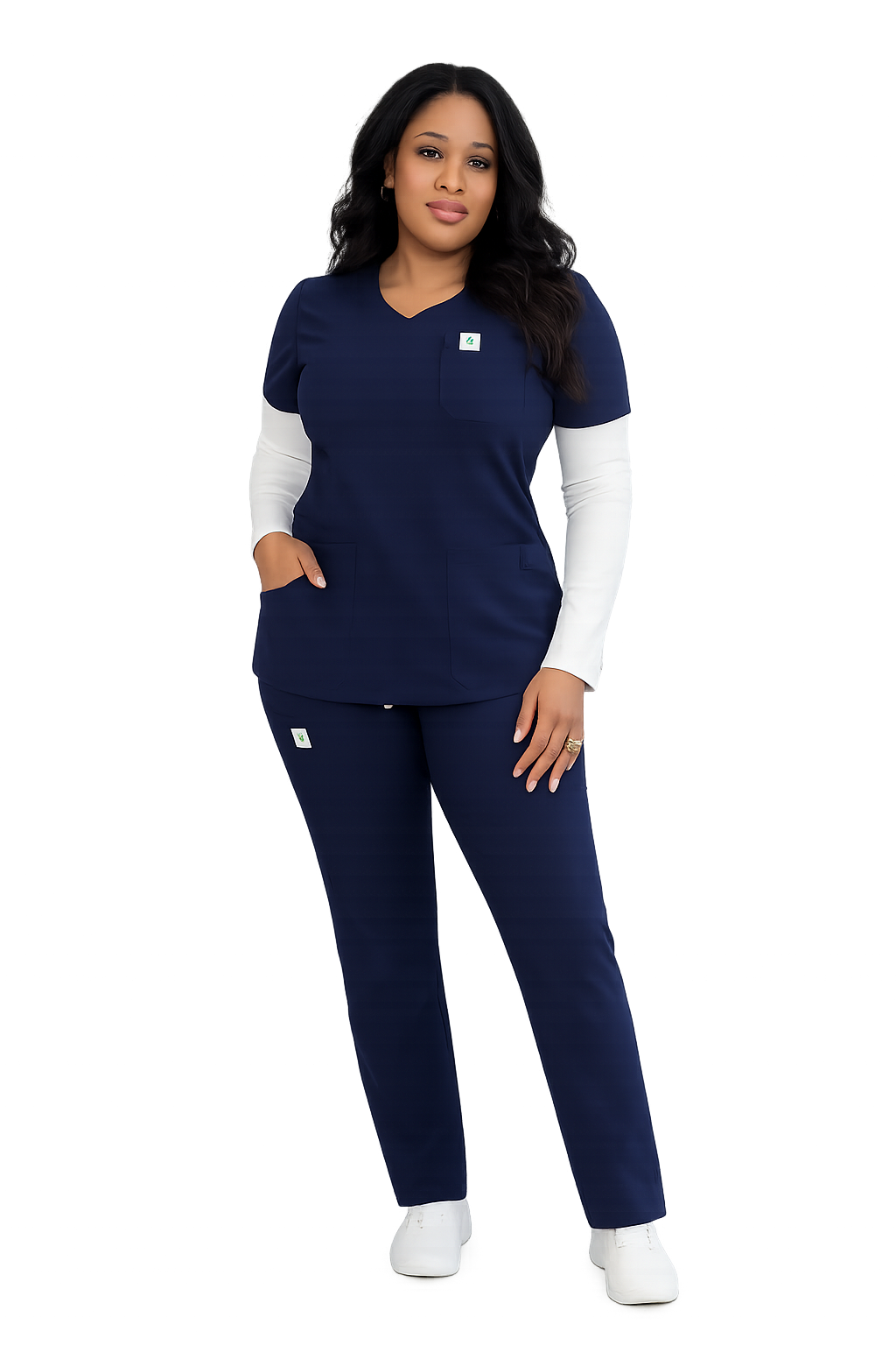 Premium scrubs front view showing built-in undersleeves